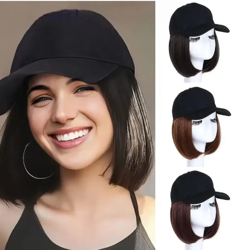 Color: Brown - H&STAR Synthetic Short Straight Wig Heat Resistant Fiber Stylish Girls' Baseball Hat Wig with Natural  Hair Peaked Cap