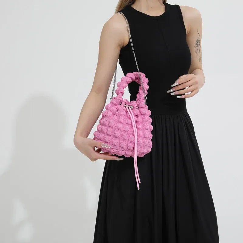 Color: Black - Pearl puff fashion pop bucket bag pleated lines dopamine color youth smell girlishness sweet casual