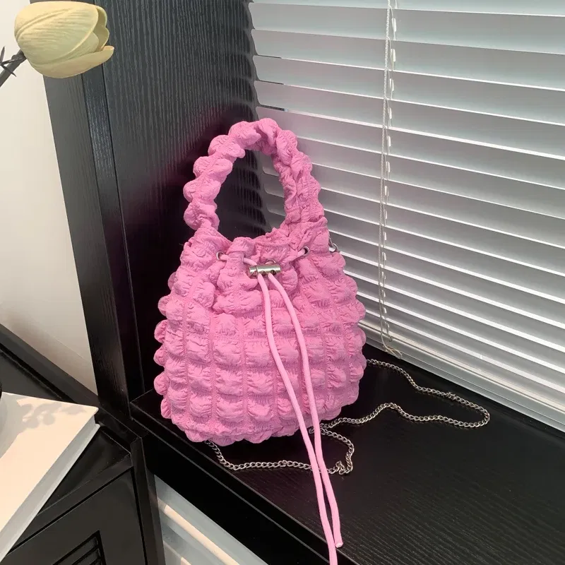 Color: Black - Pearl puff fashion pop bucket bag pleated lines dopamine color youth smell girlishness sweet casual