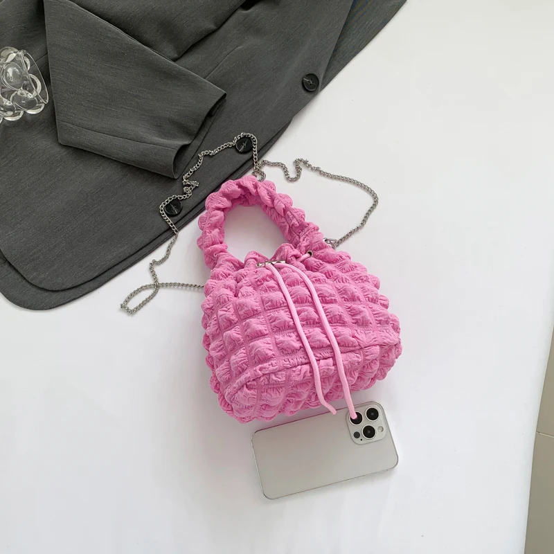 Color: Black - Pearl puff fashion pop bucket bag pleated lines dopamine color youth smell girlishness sweet casual