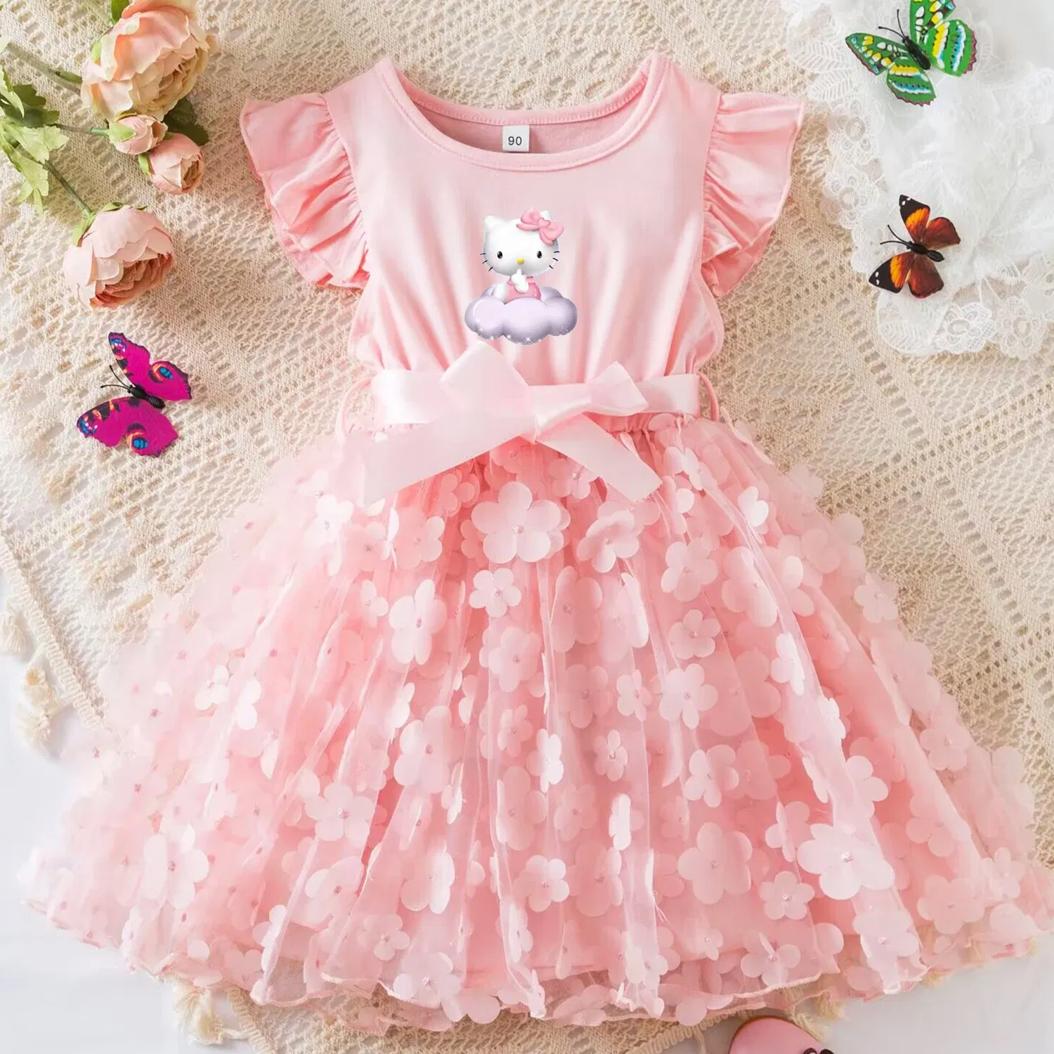 Color: GRAY, Size: XL - Hello Kitty Summer Dress for Kid's Casual Clothes 3D Butterfly Cute Baby Girls Princess Dress Party Dresses 2-6 Yrs