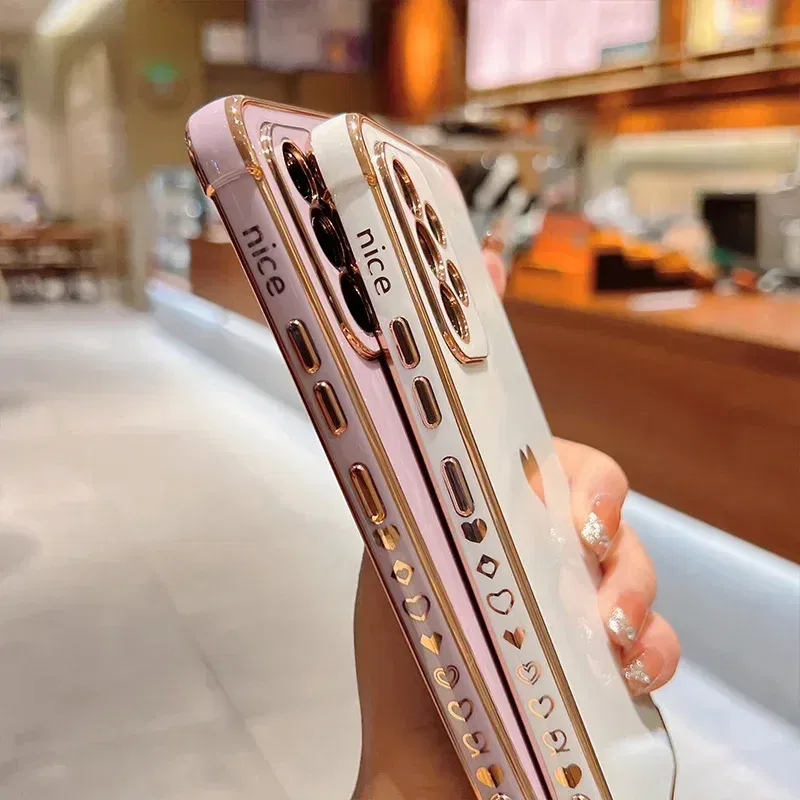 Color: Ivory, Compatible-Phone Models: For iPhone XS, Ships From: CHINA - Electroplating Side Love Heart Phone Case For Samsung Galaxy S25 Ultra S24 S23 S22 A16 A55 Protect Lens Shockproof Back Cover