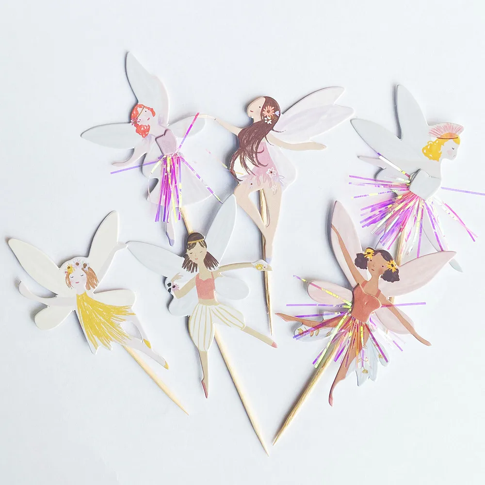 Color: MINT GREEN - 12/24pcs Fairy Cake Topper Girl Birthday Party Cupcake Topper Fairy Theme Party Decoration Wing Angel Fairy Cake Topper