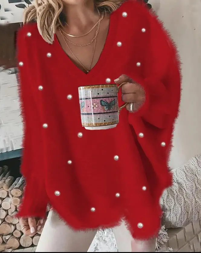 Color: SKY BLUE, Size: M - Korean Style Lazy Women's Sweater 2024 Autumn Ribbed Knitted Pullover V-Neck Pearl Long Sleeved Fluffy Top Women's Loose Sweater