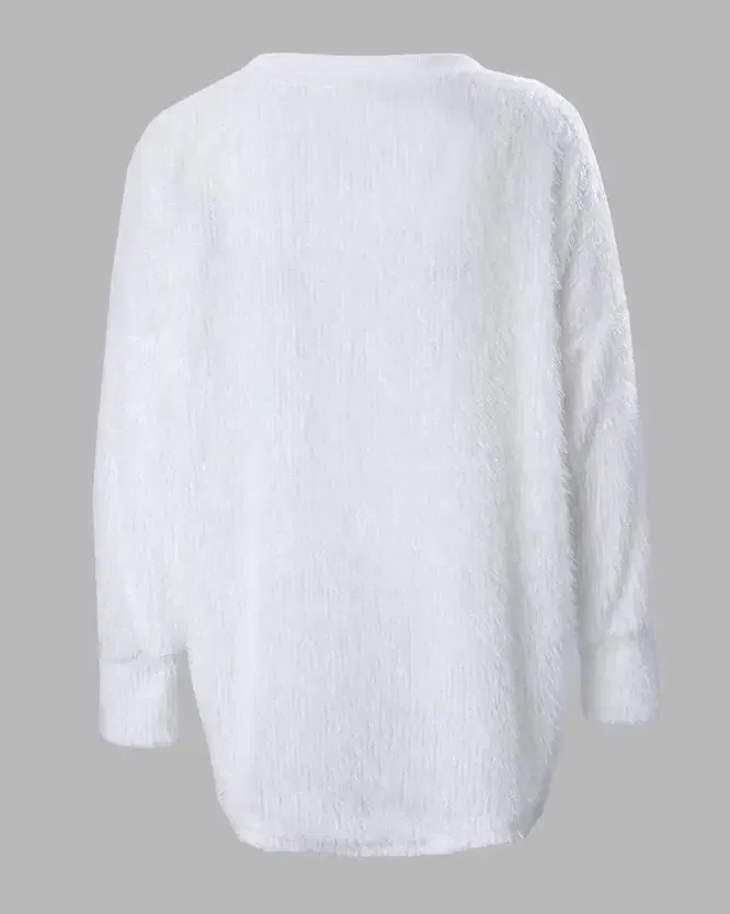 Color: SKY BLUE, Size: M - Korean Style Lazy Women's Sweater 2024 Autumn Ribbed Knitted Pullover V-Neck Pearl Long Sleeved Fluffy Top Women's Loose Sweater