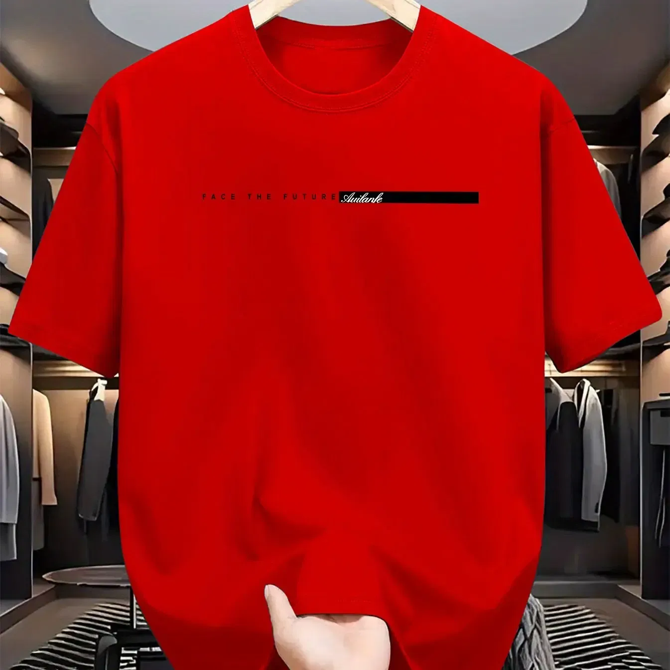 Color: Red, Size: L - Summer men's 100% cotton casual loose fit large letter print round neck short sleeved T-shirt top High Street Unisex style