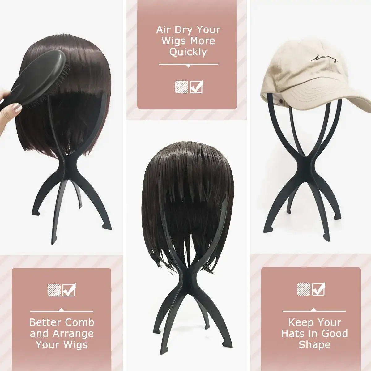 Color: black - 10pcs Wig Stand Durable Easy Assembly Wig Cap Holder Portable Plastic Hair Hat Displaying Stand Ideal for Home Salon Travel Use
