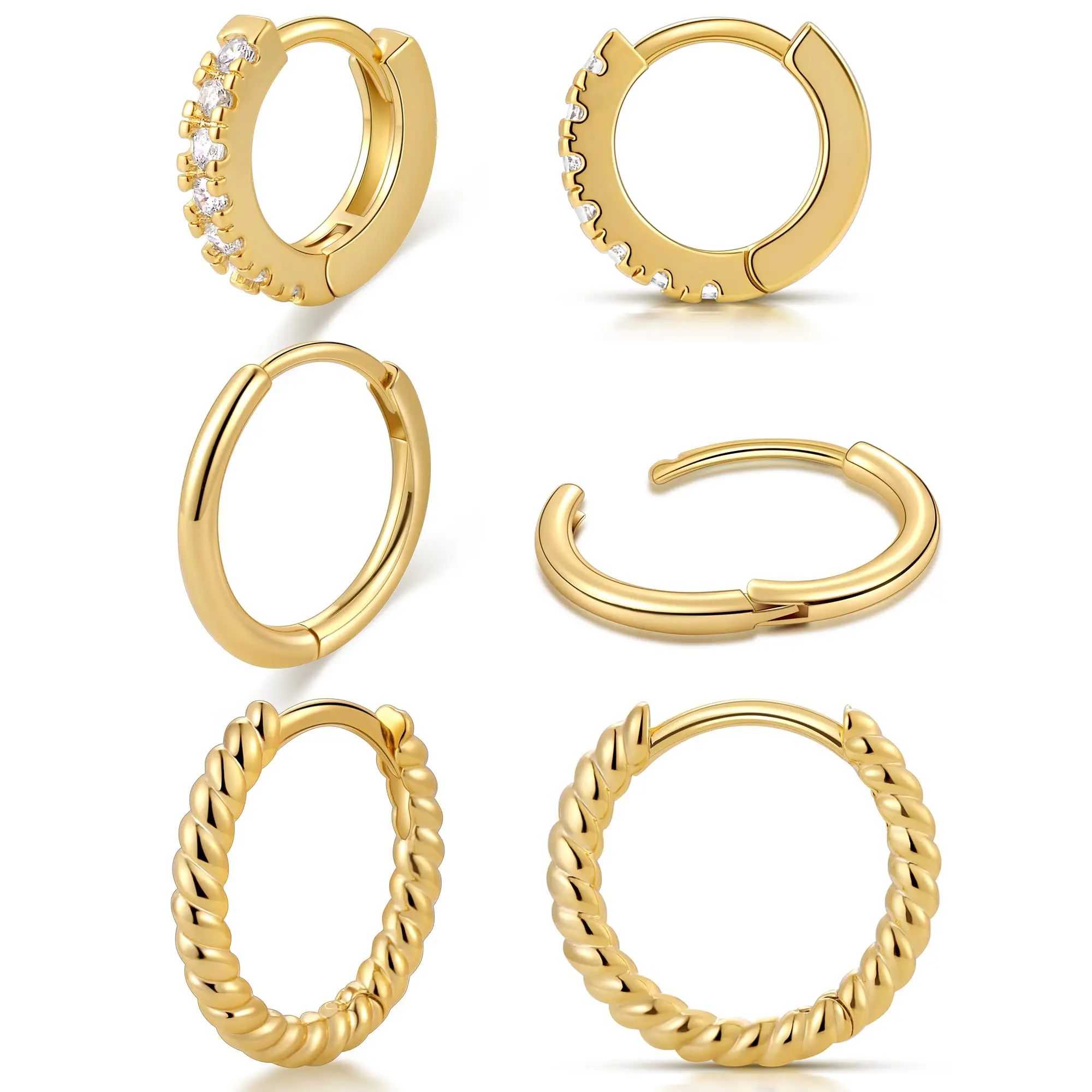 Metal Color: ROSE GOLD COLOR - Vonmoos New Women 3 Pairs Small Earrings Lady Classic 14K Gold Hoop Fashion Tiny Huggie Hoop Earrings Set Hypoallergenic Earring
