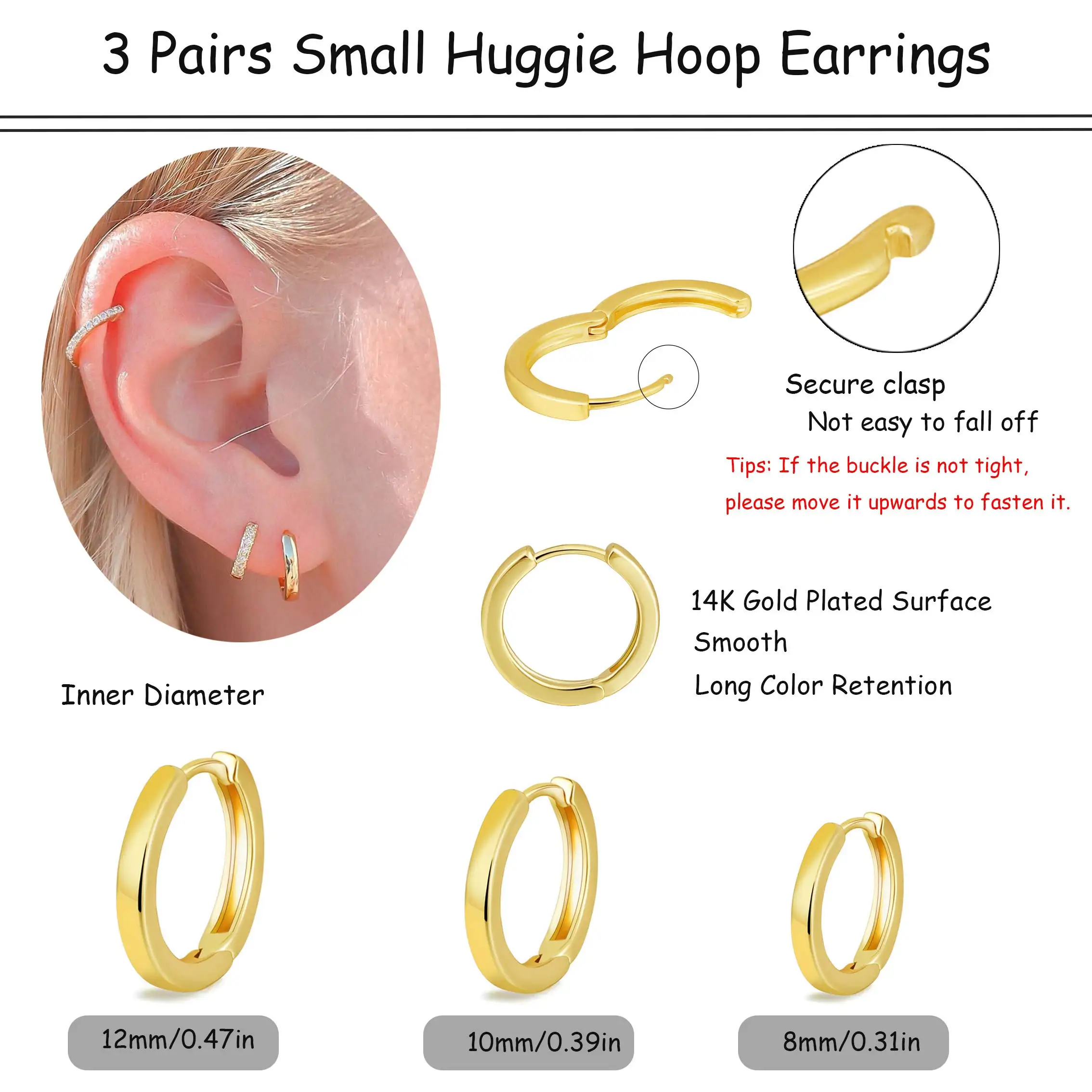 Metal Color: ROSE GOLD COLOR - Vonmoos New Women 3 Pairs Small Earrings Lady Classic 14K Gold Hoop Fashion Tiny Huggie Hoop Earrings Set Hypoallergenic Earring