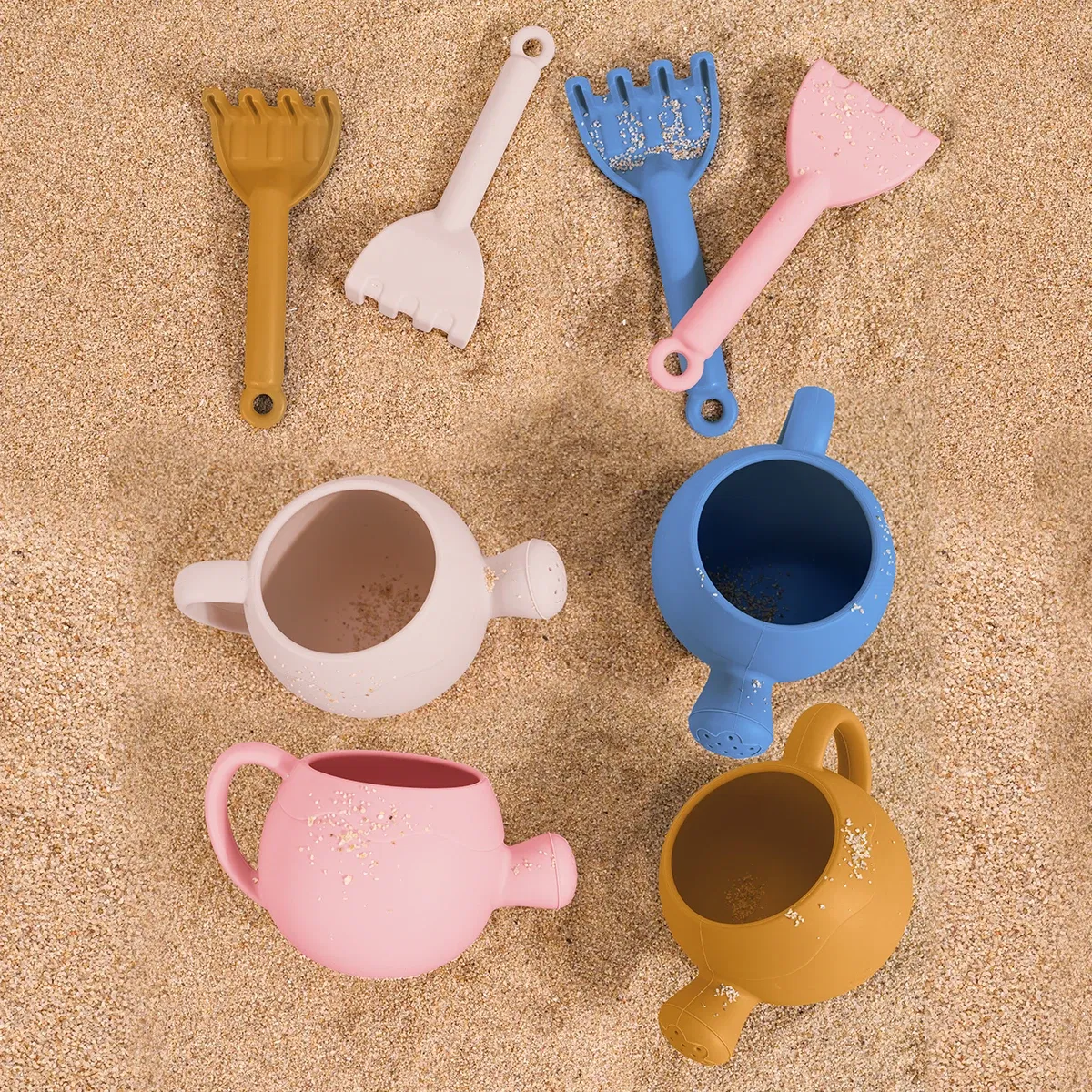 Color: Light Grey - Summer Beach Toys Sand playing tools Soft Silicone Watering Pot Rake Set Play Sand Bucket Shovels Suitable for children outdoors