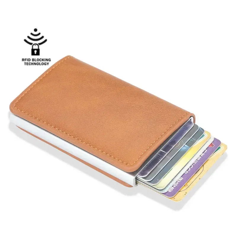 Color: Coffee - 2024 Men Women Business ID Holders Metal Aluminum Shell Anti-degaussing Automatic Pop-up Rfid  Multi-card Bit Cardholder Holders