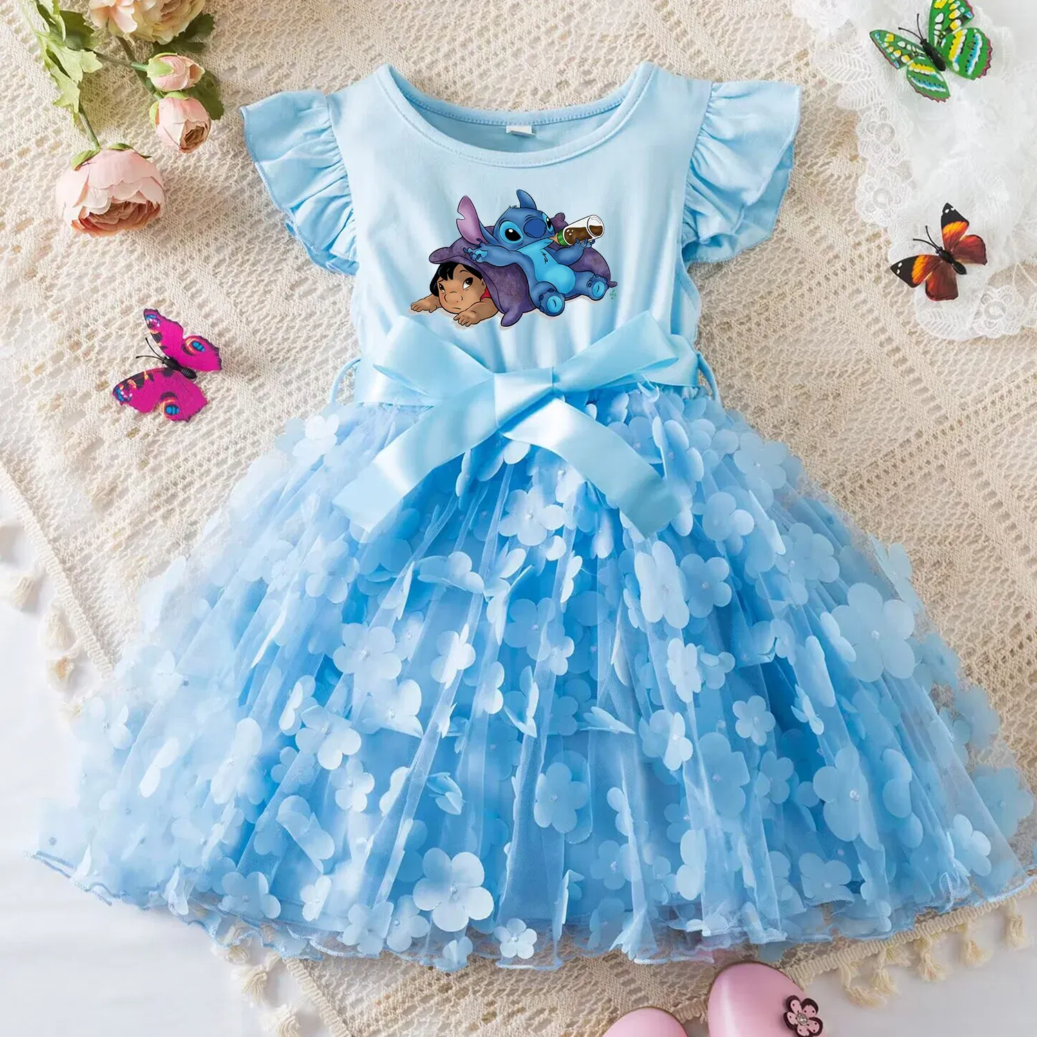 Color: MULTI, Size: XS - 3D Butterfly Cute Lilo Stitch Summer Dress for Kid's Casual Clothes Baby Girls Beautiful Princess Dress Party Dresses 2-6 Yrs