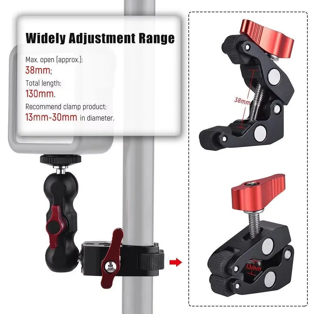 Color: Red - Super Clamp Camera Clamp Mount Monitor 360?° Ballhead Magic Arm Double Ball Head Adapter with 1/4"-20 & 3/8"-16 For video