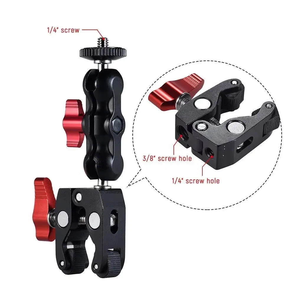 Color: Red - Super Clamp Camera Clamp Mount Monitor 360?° Ballhead Magic Arm Double Ball Head Adapter with 1/4"-20 & 3/8"-16 For video