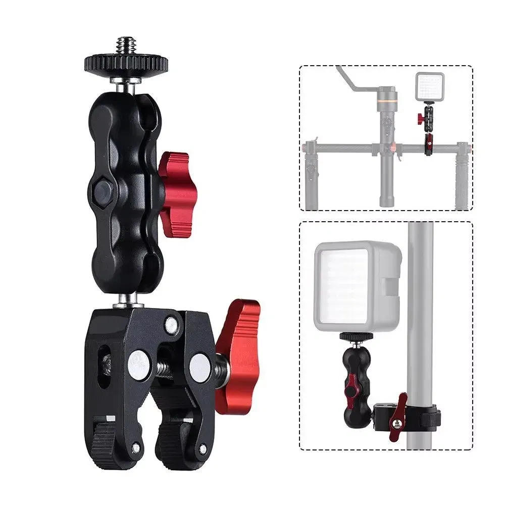 Color: Red - Super Clamp Camera Clamp Mount Monitor 360?° Ballhead Magic Arm Double Ball Head Adapter with 1/4"-20 & 3/8"-16 For video