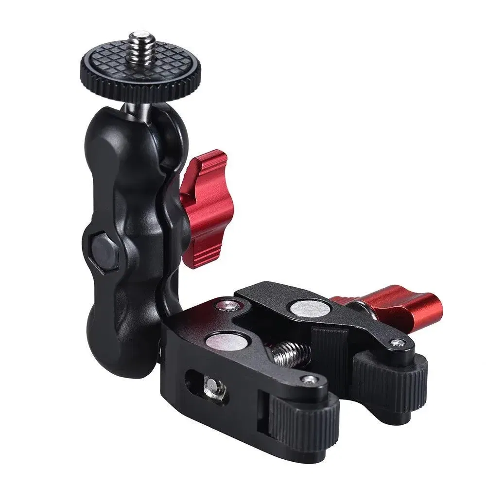 Color: Red - Super Clamp Camera Clamp Mount Monitor 360?° Ballhead Magic Arm Double Ball Head Adapter with 1/4"-20 & 3/8"-16 For video