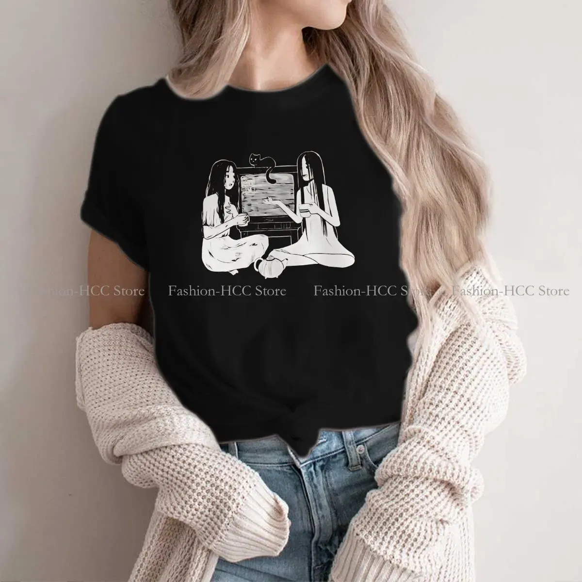 Color: WHITE, Size: L - Sadako And Kayako Tea Time Newest Polyester TShirts Ju On The Grudge Movie Momen Graphic Tops T Shirt O Neck