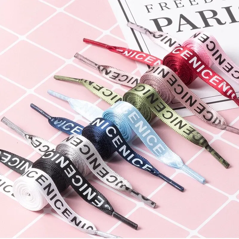 Color: WHITE, Length: 120cm, Ships From: CHINA - New 1 Pair Shoelaces Letter Print Flat Shoelaces 1CM Width Satin Silk Ribbon Sneakers Shoes Lace Casuals Canvas Shoelace Strings