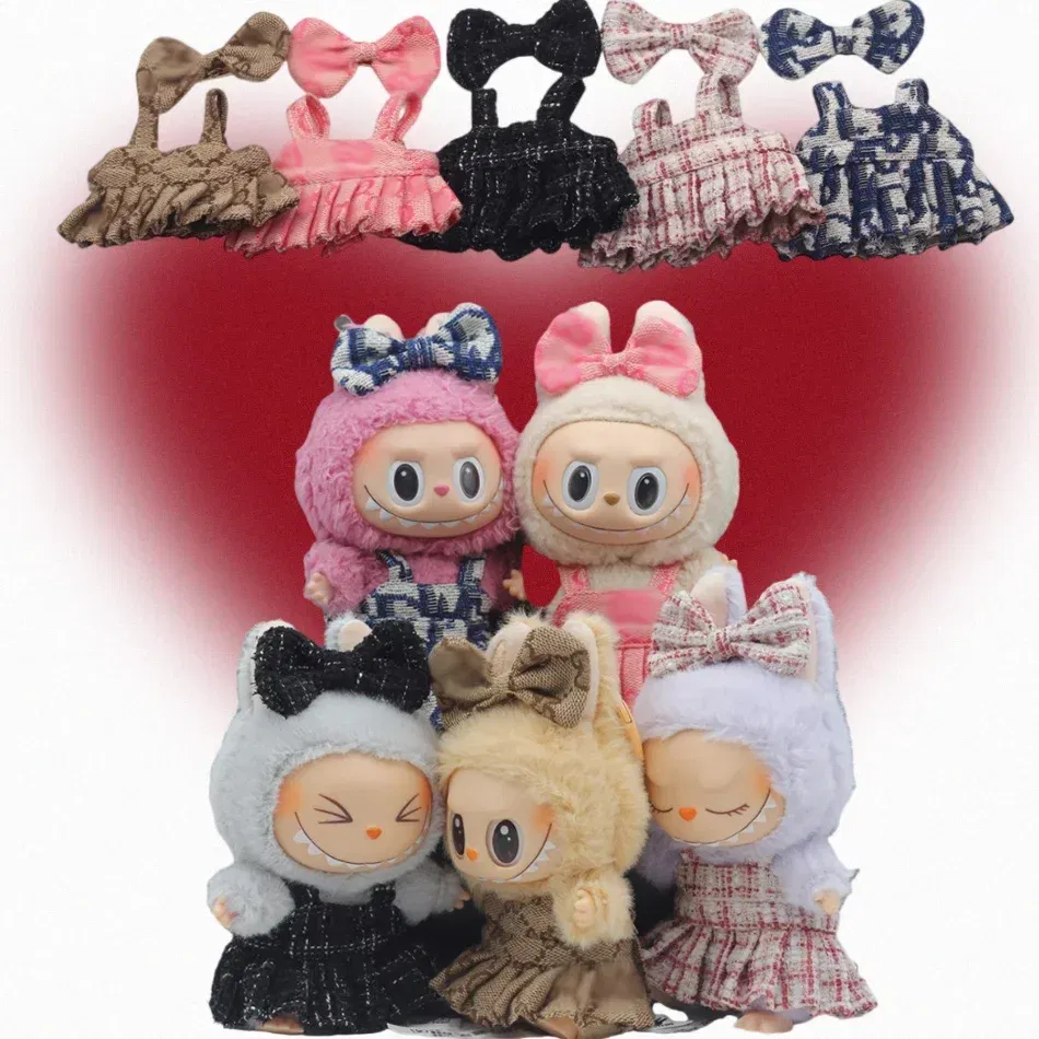 Color: Blue - 17cm Labubu Handmade Custom Gorgeous Doll Clothing Pink Striped Sweater with Fur Hat and Cup Pendant for Stylish Accessories