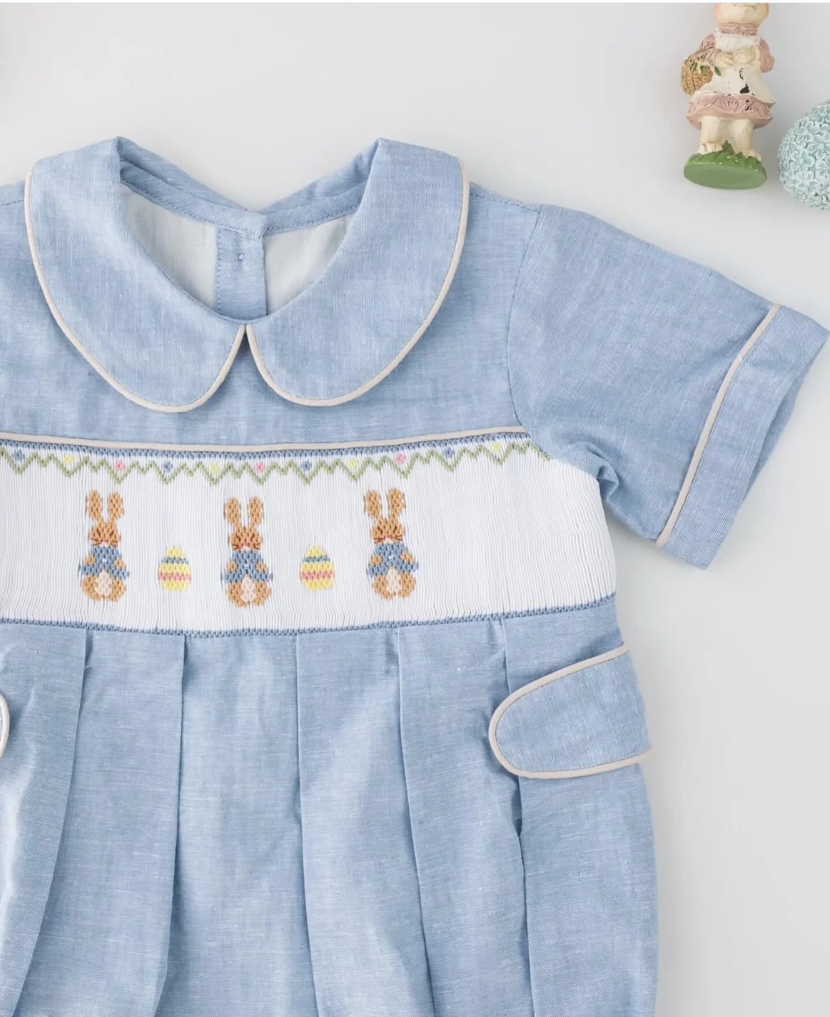 Kid Size: 18M - 0-6Y Baby Boy Summer Rabbits Handmade Embroidery Smocked Blue Rompers for Birthday Phototgraphy Party Holiday Eid Casual A5
