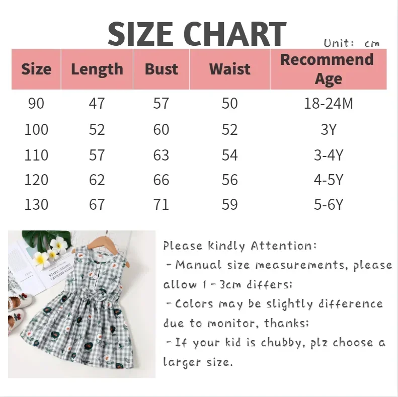 Color: Black, Kid Size: 30 - Kids Girl Princess Dress Flower print Checkered Style Lovely Bow Sleeveless Skirts Casual Daily Wear For Children Girl 1-6 Years