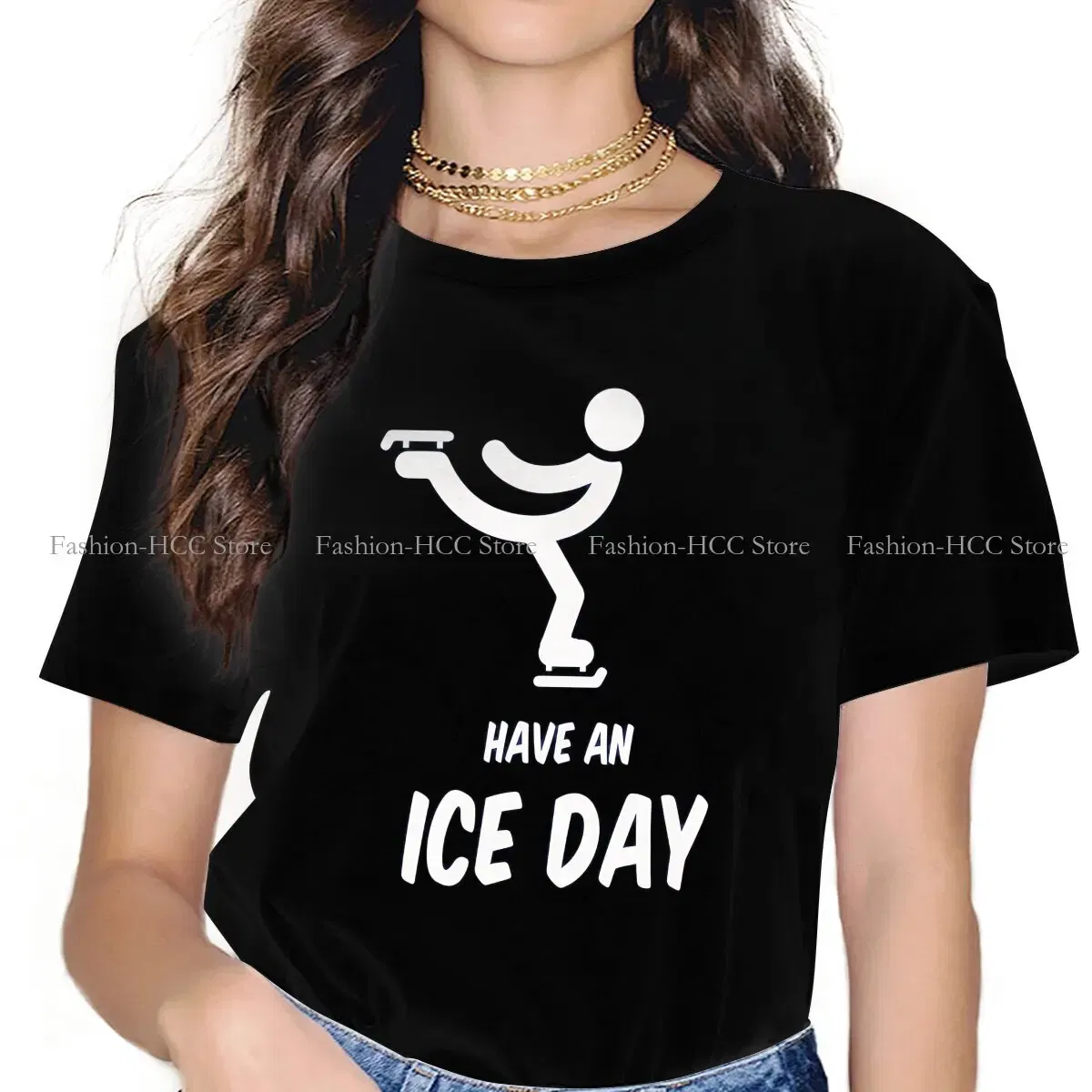 Color: black, Size: XL - Have An Ice Day Round Collar TShirt Figure Skating Classic T Shirt Women Tops New Design