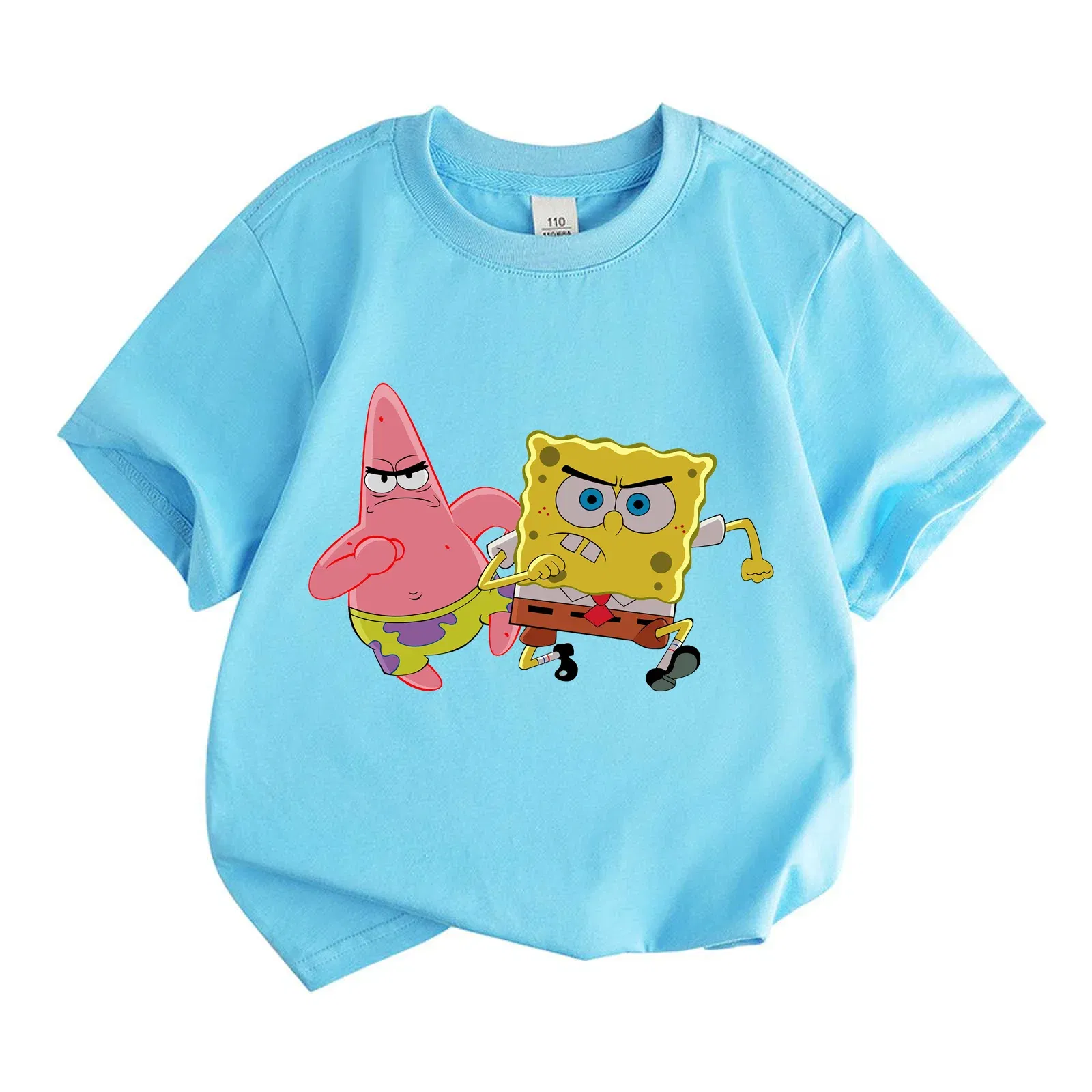 Color: SKY BLUE, Kid Size: 11T - Mr. Krabs Squidward Sandy Spongebob T-shirt 100%Cotton Children Round Neck Short-sleeved Boys Girls Fashion Kids Clothes