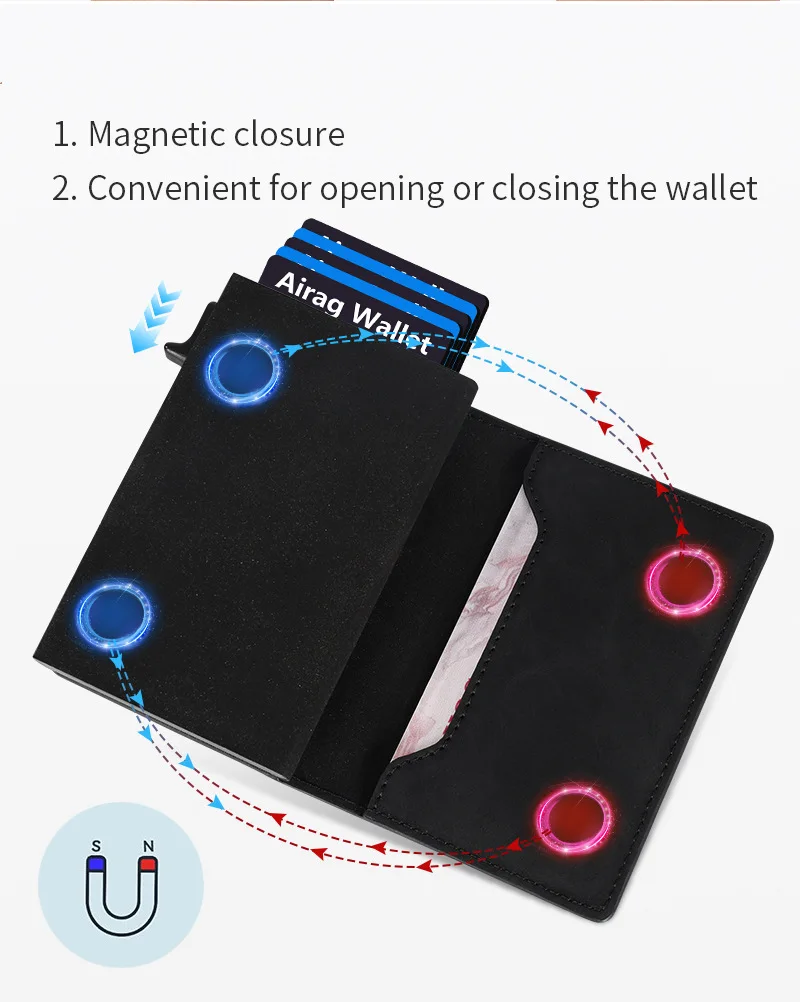 Color: black - Magnetic Credit Card Holder Luxury Men Wallet Rfid Blocking Pop Up Minimalist Wallet Leather Bank Cardholder Case Vallet for Men