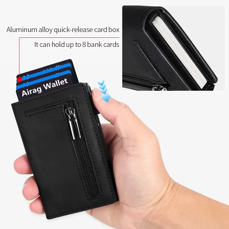 Color: black - Magnetic Credit Card Holder Luxury Men Wallet Rfid Blocking Pop Up Minimalist Wallet Leather Bank Cardholder Case Vallet for Men