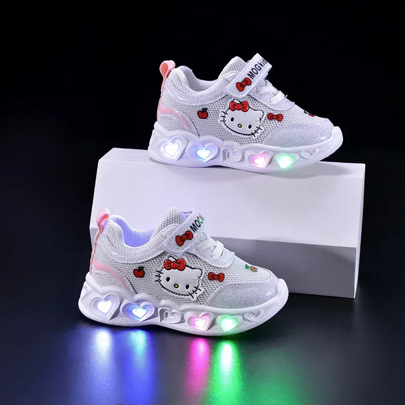 Color: WHITE, Shoe Size: 19 - Kids'Casual Shoes Girls Led Light Cartoon PU Leather Fashion Sport Flat Bottom Shoes Breathable White Pink Size 21-30