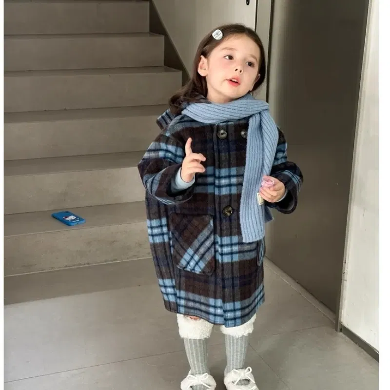 Color: Blue, Kid Size: 4T - Children's Coats Plaid Printed Woolen Padded Hooded Coat Kids Jackets for Girls Winter Clothes Kids Jacket