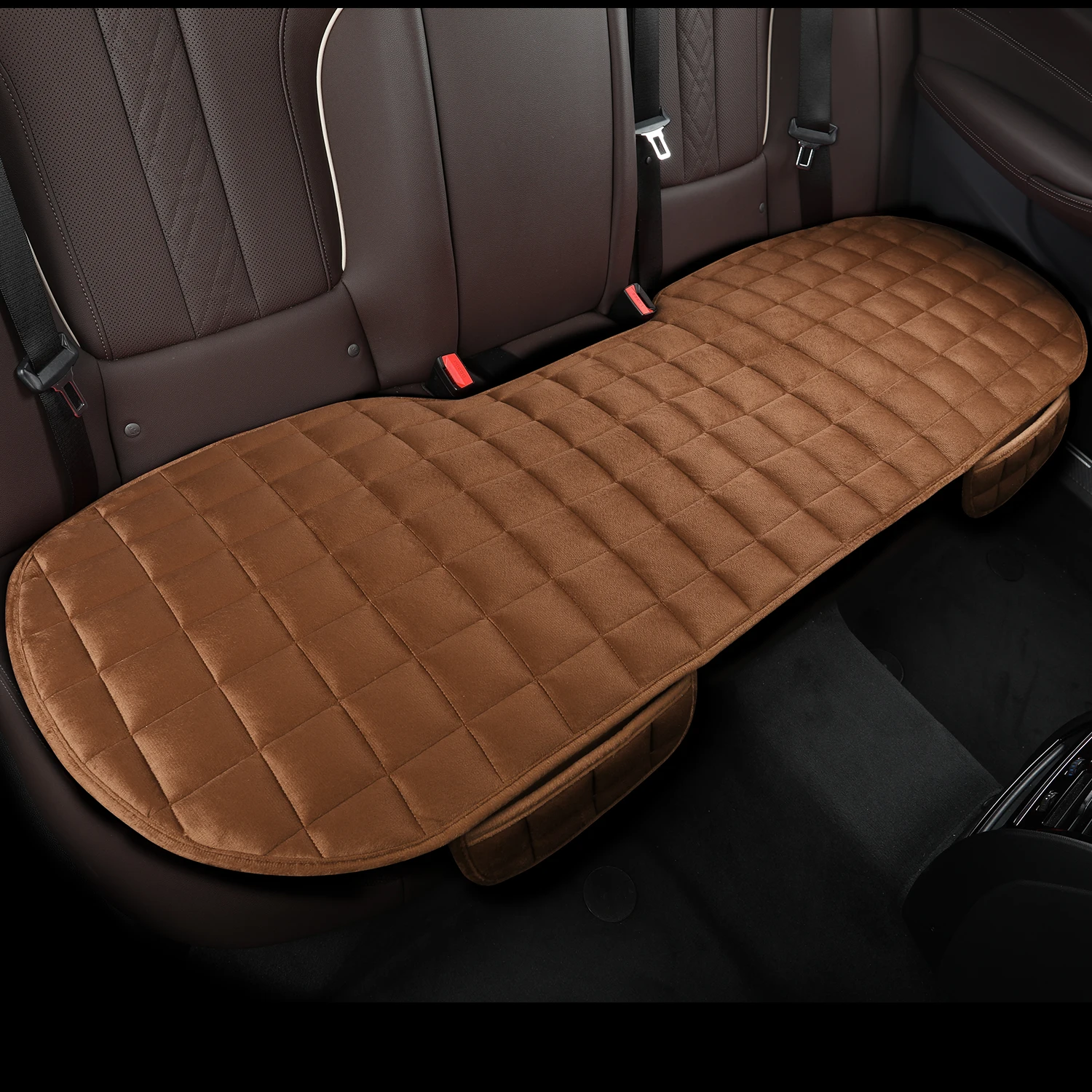 Color Name: black - 1 piece of plaid embroidered short pile without backrest, warm and comfortable, universal car cushion with storage bag, suitable