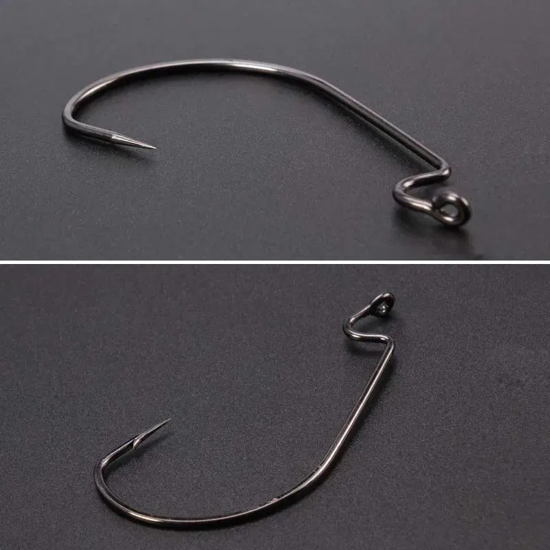 Color: Black - 100 pcs Wide Gap Worm Fishing Hooks Jig Crank Big Bass Hook Black High Carbon Steel Crank Barbed Hook for Soft Fishing Lure