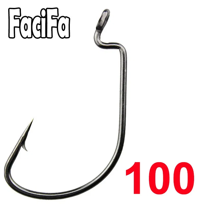 Color: Black - 100 pcs Wide Gap Worm Fishing Hooks Jig Crank Big Bass Hook Black High Carbon Steel Crank Barbed Hook for Soft Fishing Lure