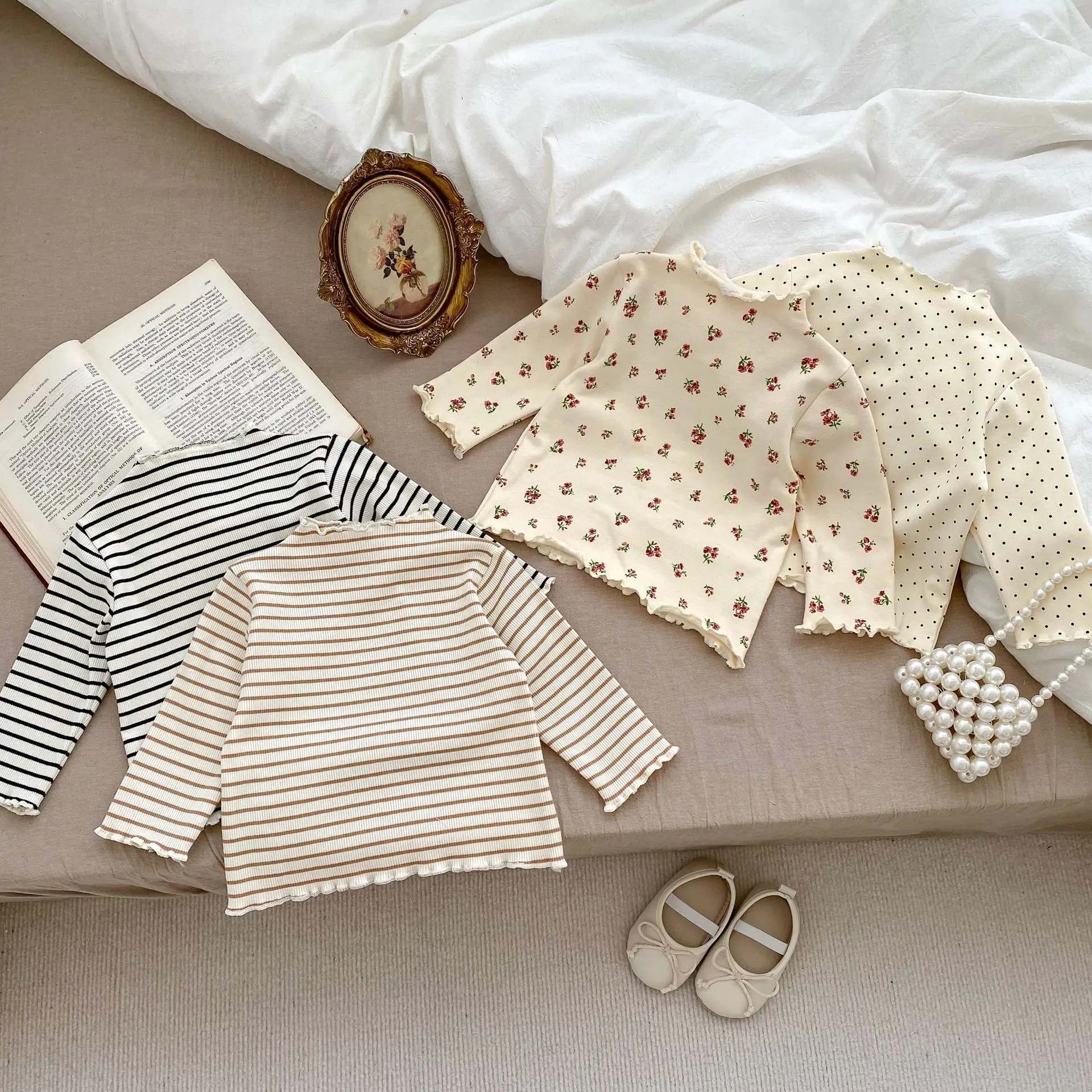 Color: Gold, Kid Size: 12M - New Baby Long Sleeve T Shirt Girls Cotton Casual Tees Infant Ruffled Versatile Shirts Kids Floral Striped Bottoming Tops