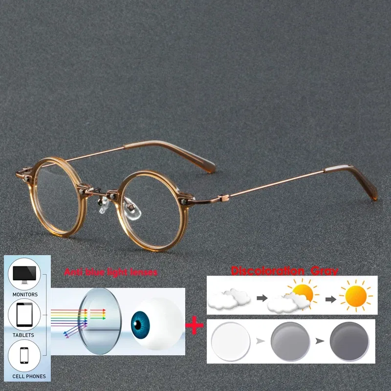 Frame Color: Khaki, Eye Prescription: +300 - VCKA Anti-blue Discolor Acetate+Titanium Myopia Glasses Frames Small Round Men Prescription Optical Women Eyewear -0.50 to -10.0