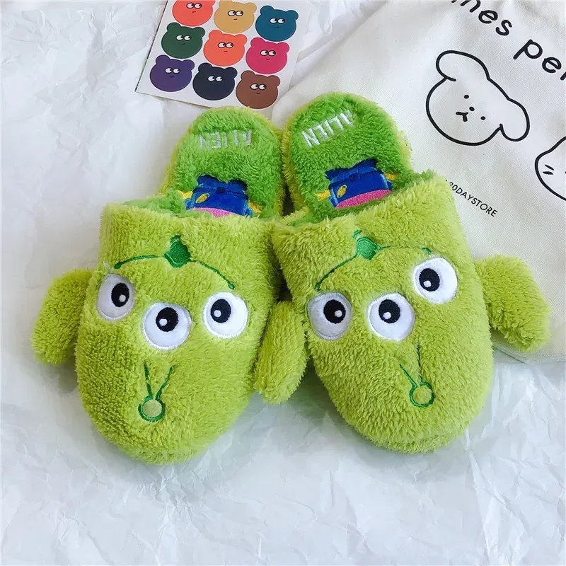 Color: Olivine, Shoe Size: 39 - Cartoon Sulley Mike Slippers Cute Girl Warm Home Slippers Women Indoor Slippers Blue Duck Kawaii Non-slip Slippers Gifts EU36-41