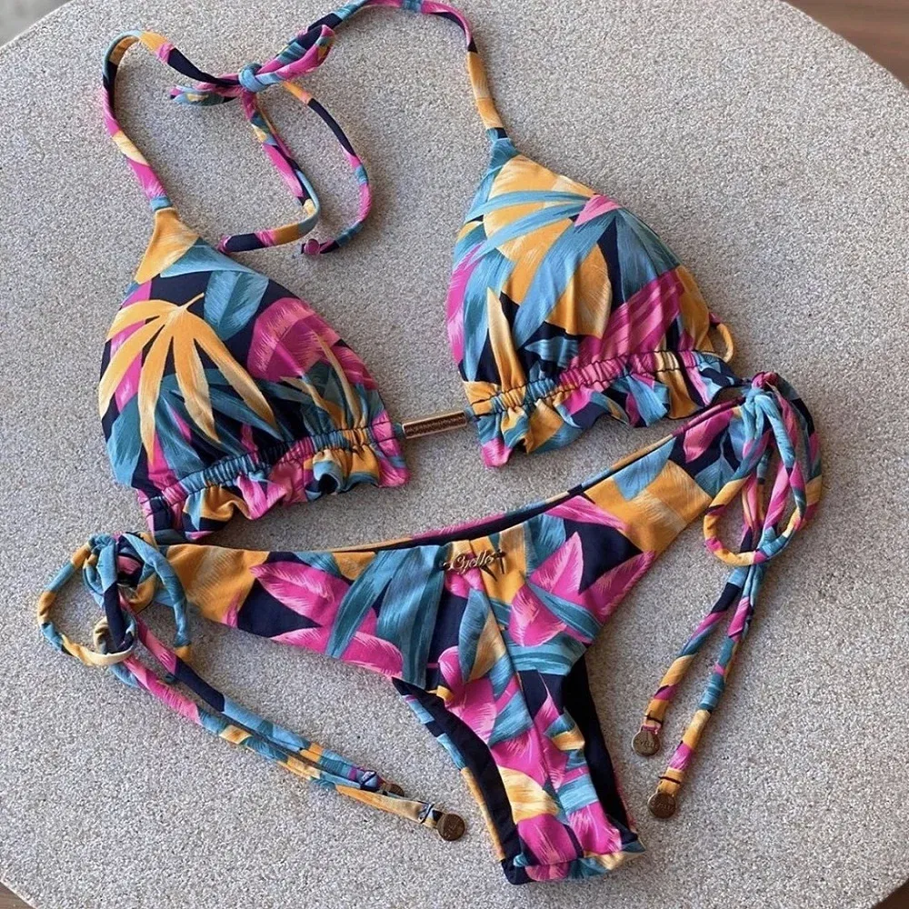 Color: Beige, Size: M - RUOTONGSEPT Sexy Micro Bikinis Set 2022 New Swimsuit Women Feather Print Bandage Swimwear Female Bathing Suit Brazilian Biquinis