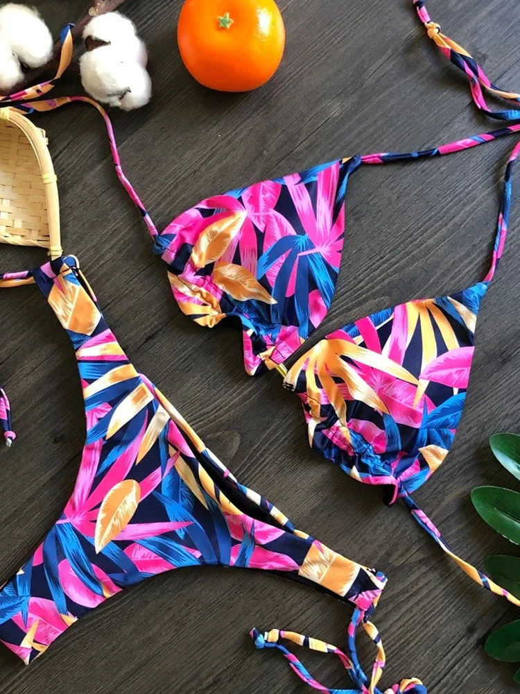 Color: Beige, Size: M - RUOTONGSEPT Sexy Micro Bikinis Set 2022 New Swimsuit Women Feather Print Bandage Swimwear Female Bathing Suit Brazilian Biquinis