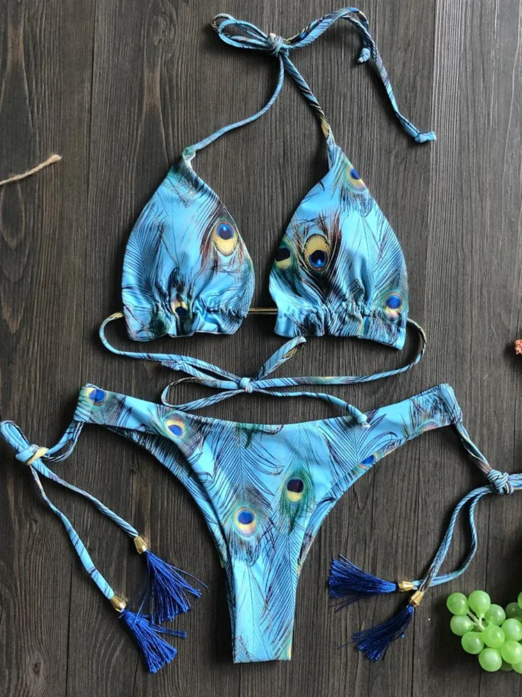 Color: Beige, Size: M - RUOTONGSEPT Sexy Micro Bikinis Set 2022 New Swimsuit Women Feather Print Bandage Swimwear Female Bathing Suit Brazilian Biquinis