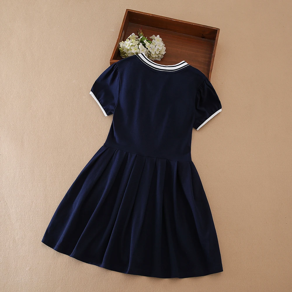 Color: Blue, Kid US Size: 4 - Girls' White Summer Dress V-Neck Polo Pleated Dress for School 5-12 Years Girls Clothing