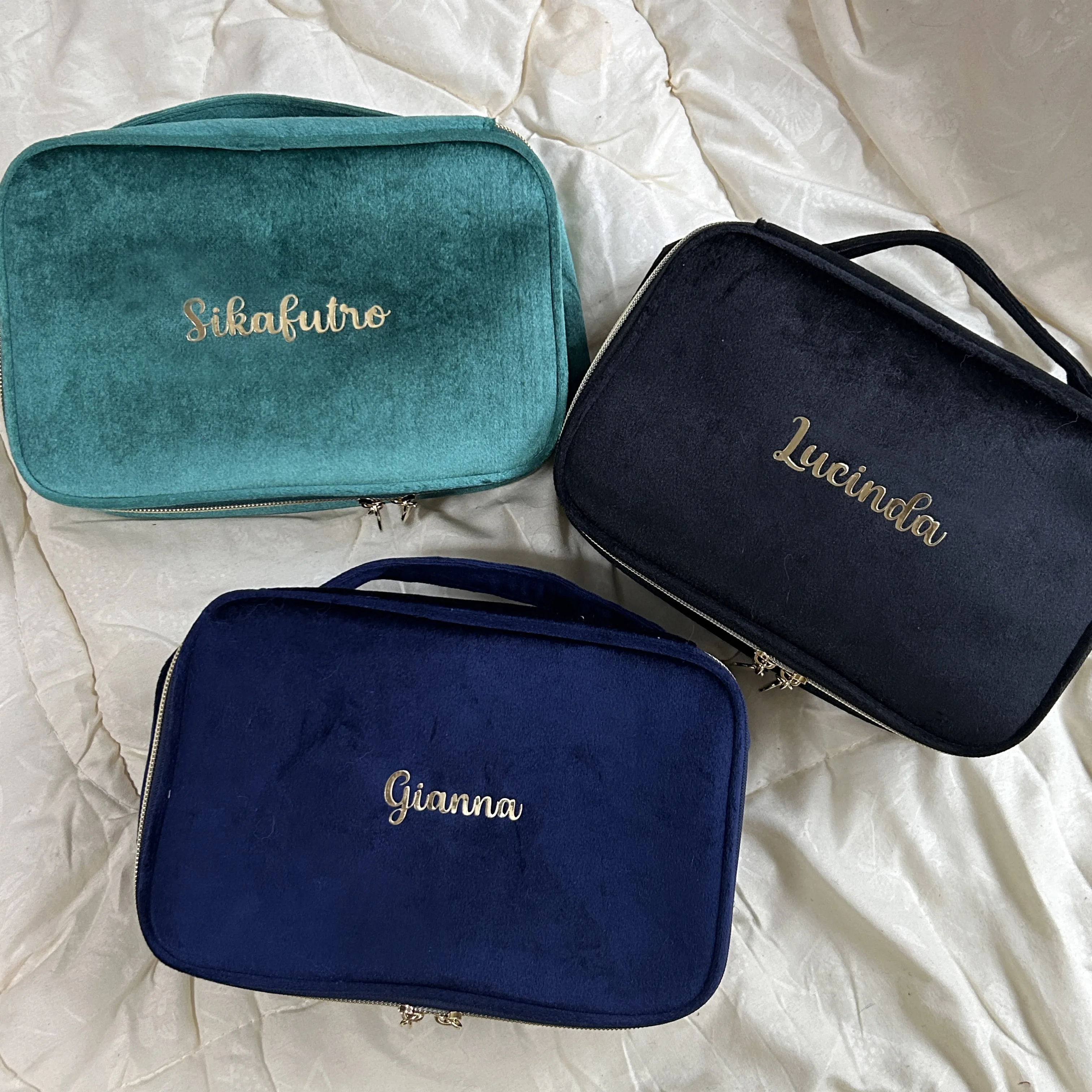 Color: green - Velvet Cosmetics Bag Top Handle Travel Large Capacity Brushes Suede Makeup Vanity Case Custom Initials Name Gift