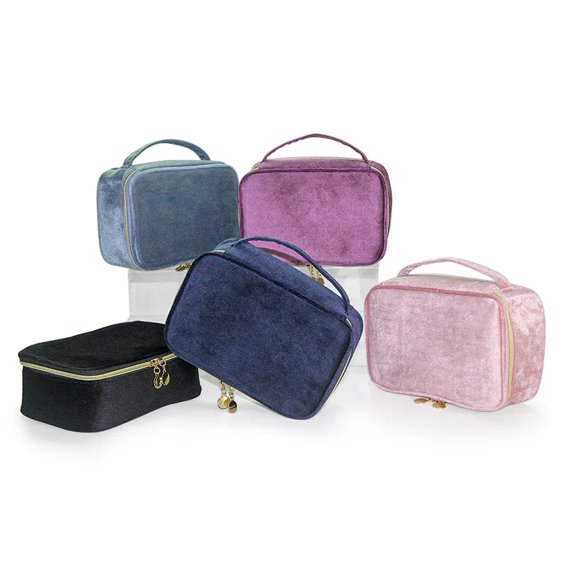 Color: green - Velvet Cosmetics Bag Top Handle Travel Large Capacity Brushes Suede Makeup Vanity Case Custom Initials Name Gift