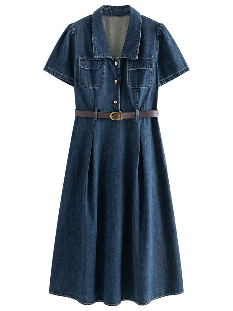 Color: Blue, Size: L - FSLE French Temperament Elegant Retro Denim Dress For Women 2024 Summer New Design High Waist Versatile Long Dress  24FS12236