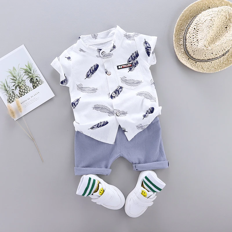 Color: WHITE, Kid Size: 9M - 0-3 Year Old Baby Summer Feather Print Shirt Short Sleeve Suit