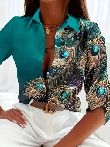 Color: Beige, Size: XXXL - Fashionable Ladies Trendy Long Sleeved Shirt With Feather Gemstone Print Buttons Lapel Shirt Sleeves Autumn Elegant Ladies Shirt