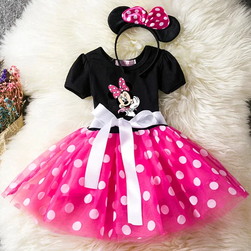 Color: Blue, Size: XS - Mickey Minnie Mouse Cartoon Kids Short Sleeve Polka Dot Princess Dress Party Baby Girls Clothes Cosplay Costumes 1-6Y