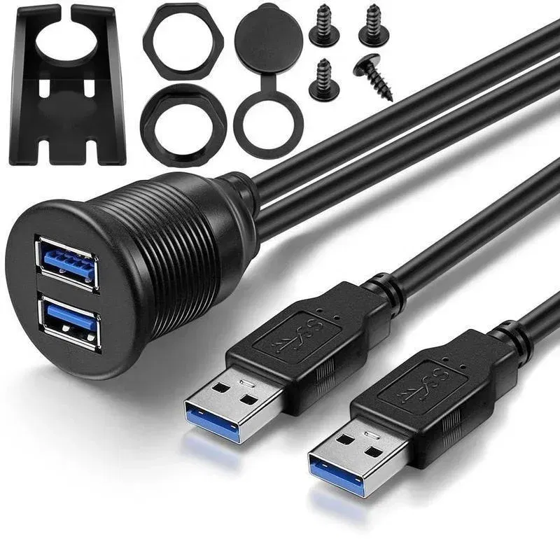 Cable length: 0.6m, Color: black - Dual USB 3.0 Male To USB 3.0 Female Extension Cable with Flush Mount Panel for Car Truck Boat Motorcycle