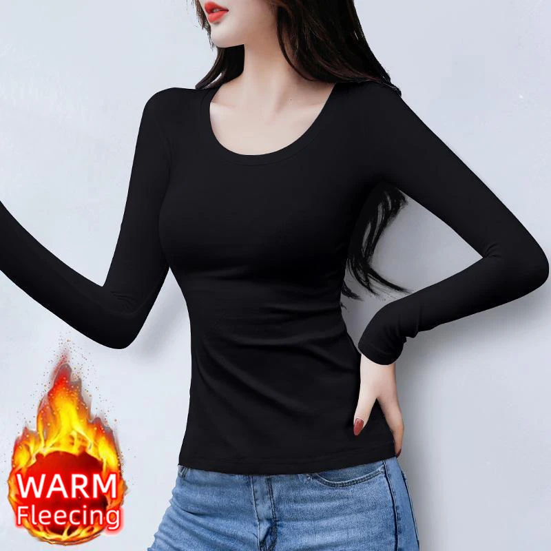 Color: Blue, Size: XXL - O Neck Long Sleeve Fleeceing Heating Fiber Thermal Basic T-Shirts Women Winter Bottoming Cropped Tops Casual Skinny All-match