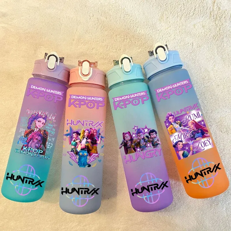 Color: Fluorescent Yellow, Size: 12cm - 750ML K-pop Demon Hunters HUNTR X Rumi Mira Zoey Jinu Celine Kpop Plastic Water Cup K Pop Drinking Bottle School Huntrix Gourde